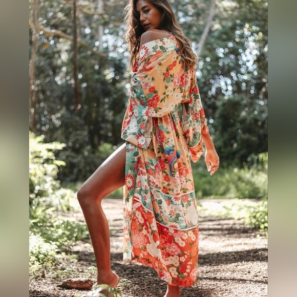 NEW Boho Retro Floral Kimono Gypsy Robe Duster Sheer Chiffon  Red Peach Teal - Picture 2 of 11
